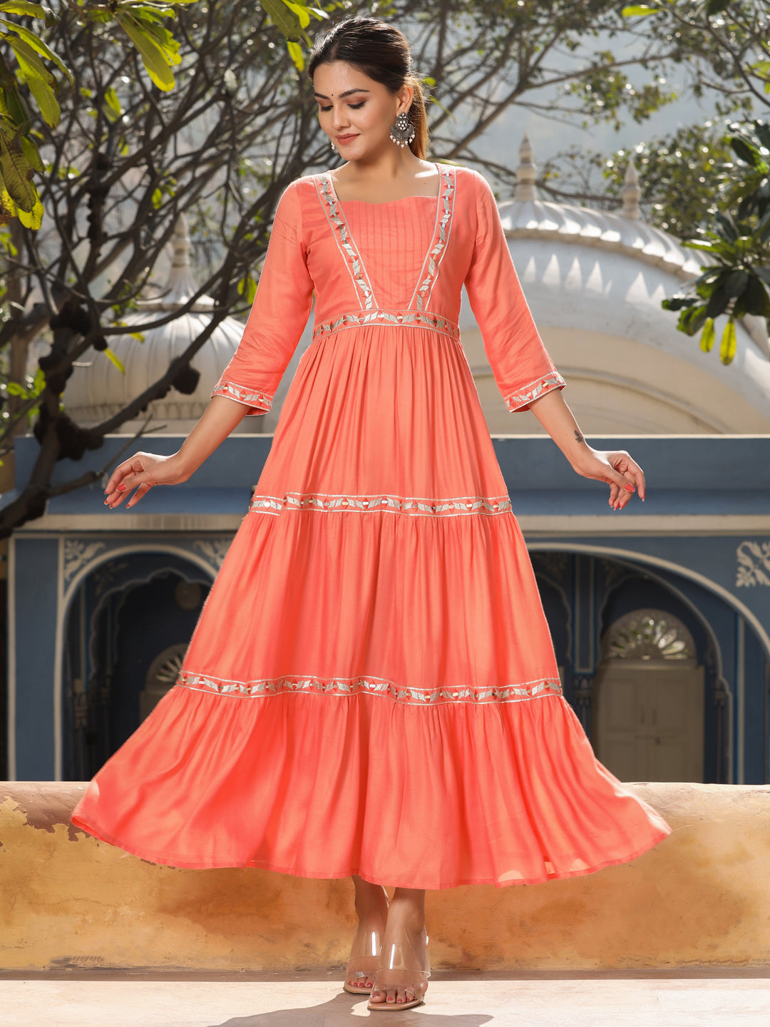 Peach Solid Embroidered Flared Tiered Dress