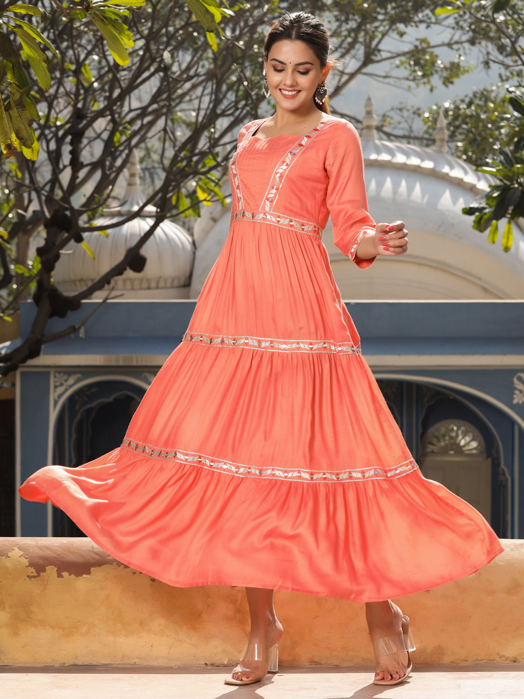 Peach Solid Embroidered Flared Tiered Dress