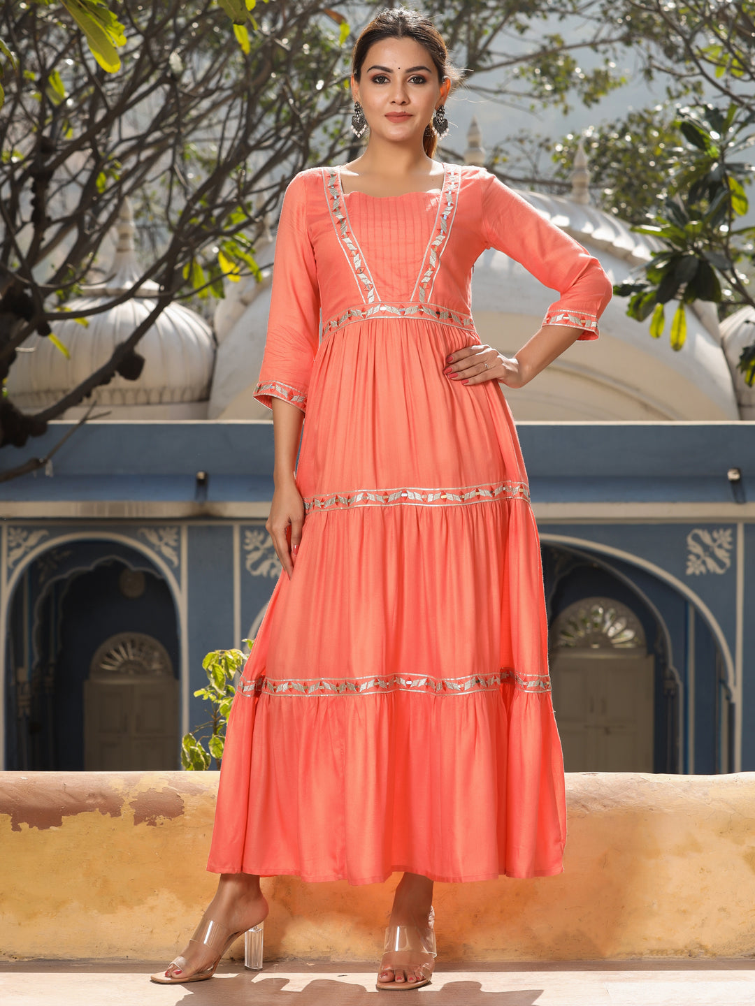 Peach Solid Embroidered Flared Tiered Dress