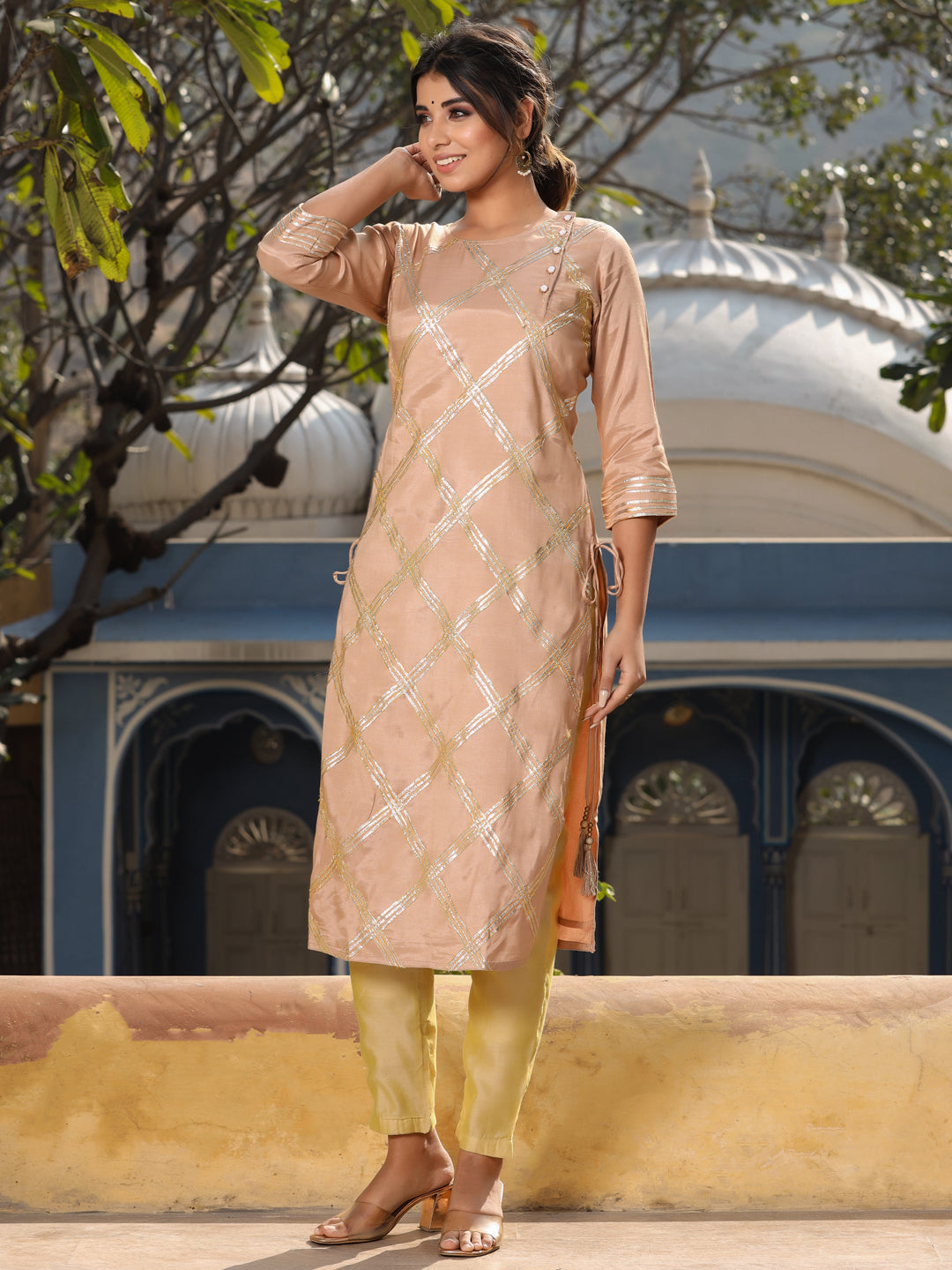 Gota Work Beige Cotton Silk Kurta