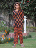 Black Ethnic Print Straight Cotton Short Kurta With Pyjamas