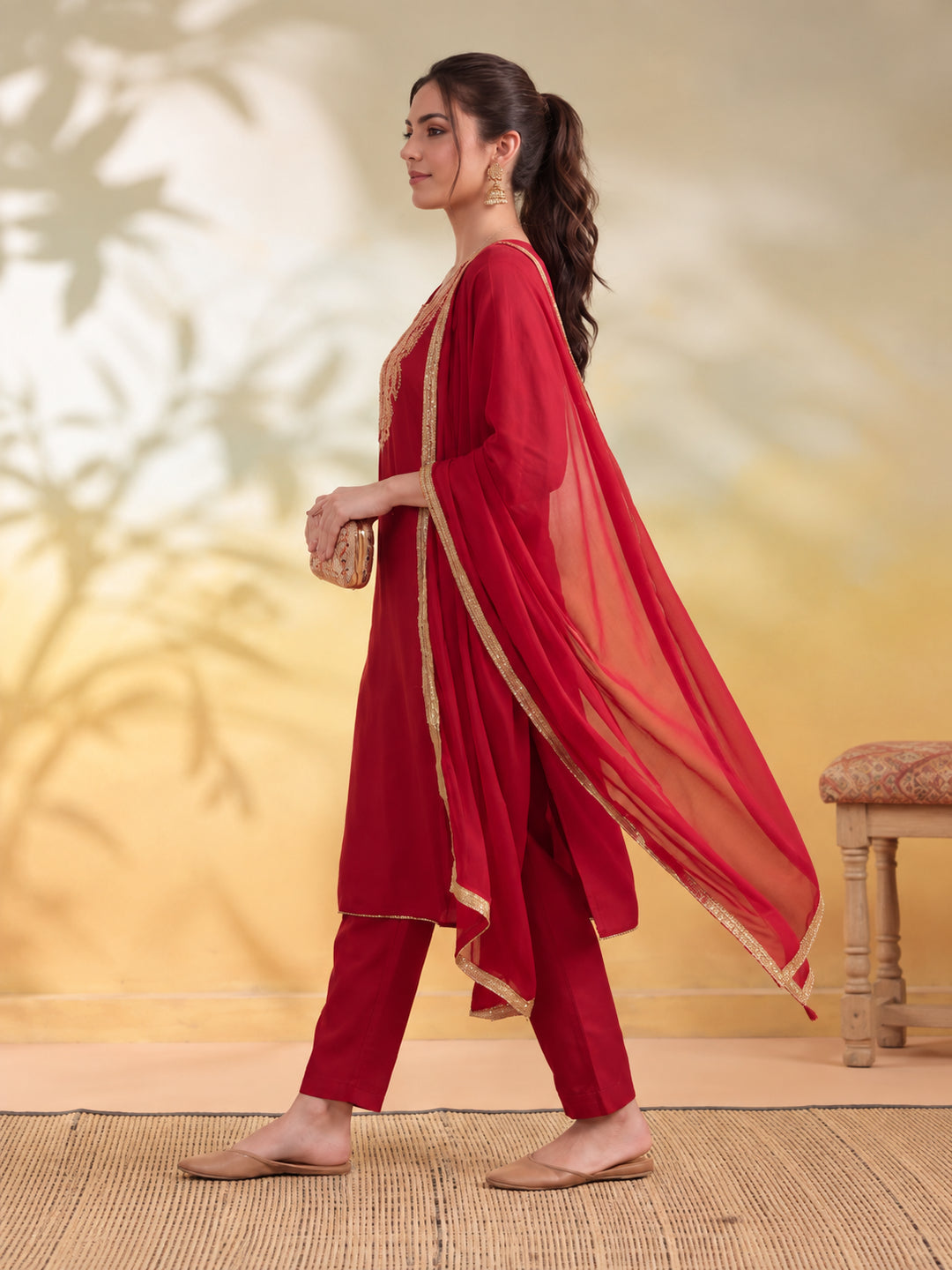 Women Embroidery Red Kurta Set with Dupatta