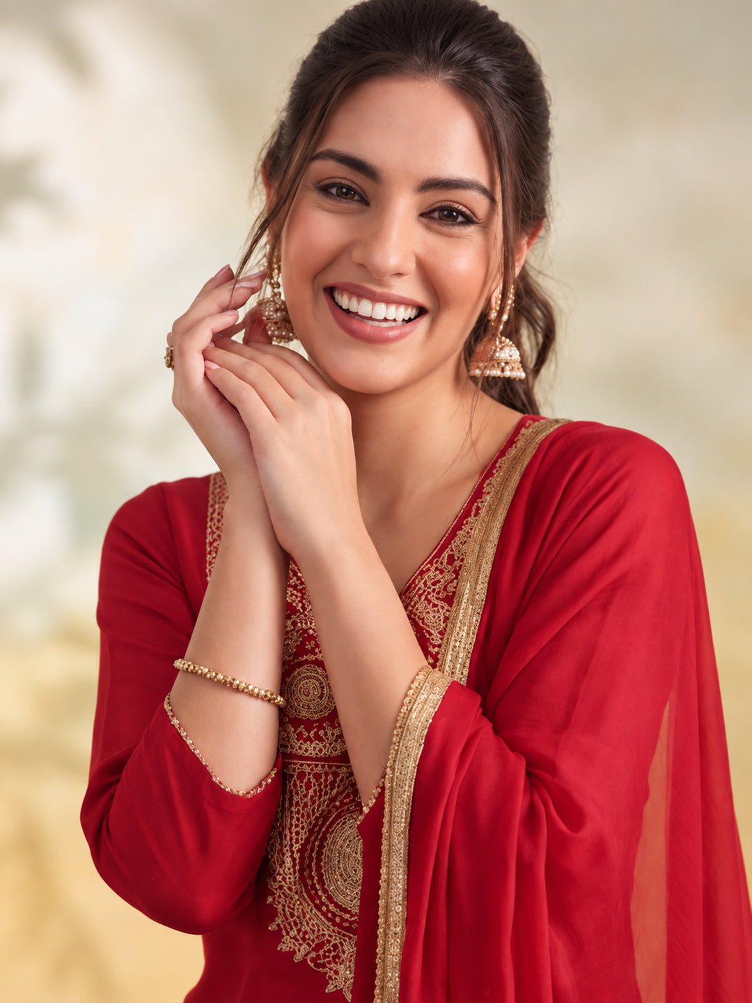 Women Embroidery Red Kurta Set with Dupatta