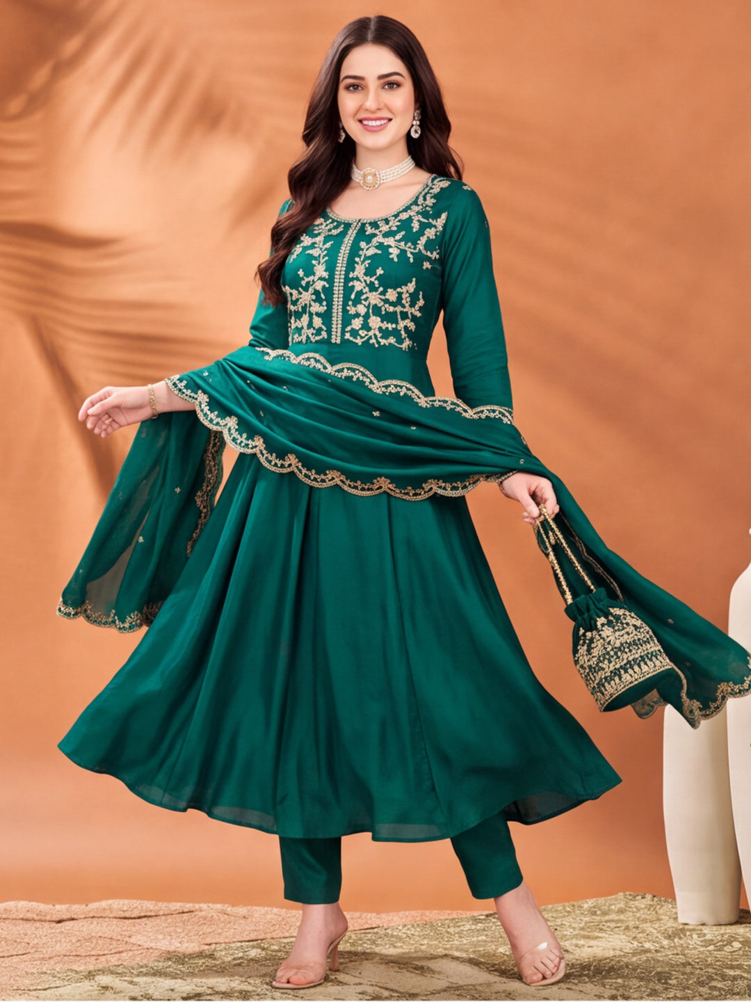 Women's Teal Green Embroidered Kurta Set with Dupatta | Festive Ethnic Straight Suit