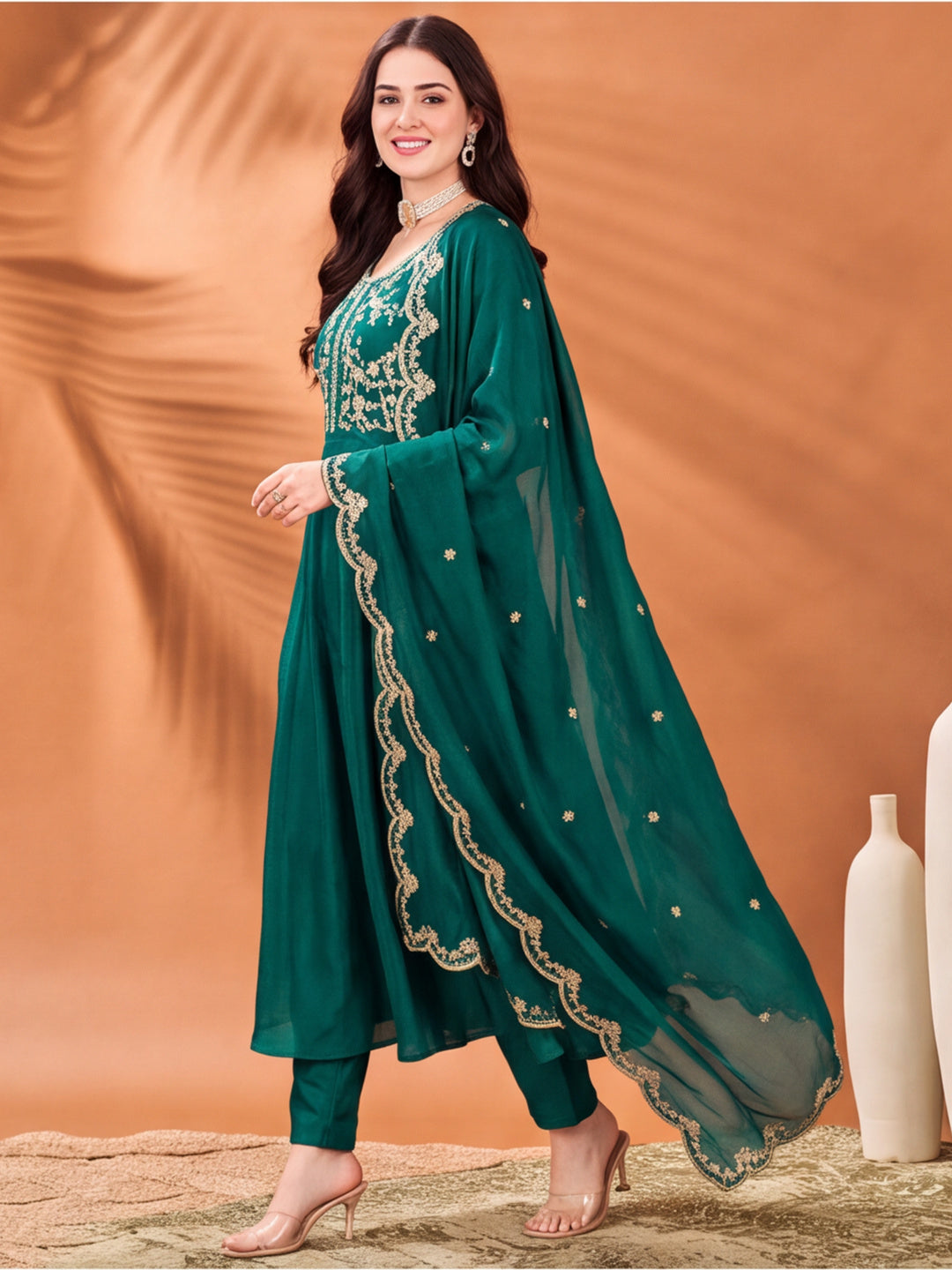 Women's Teal Green Embroidered Kurta Set with Dupatta | Festive Ethnic Straight Suit