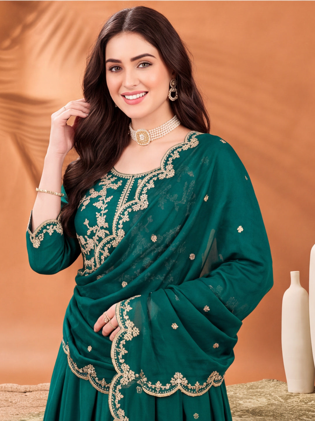 Women's Teal Green Embroidered Kurta Set with Dupatta | Festive Ethnic Straight Suit