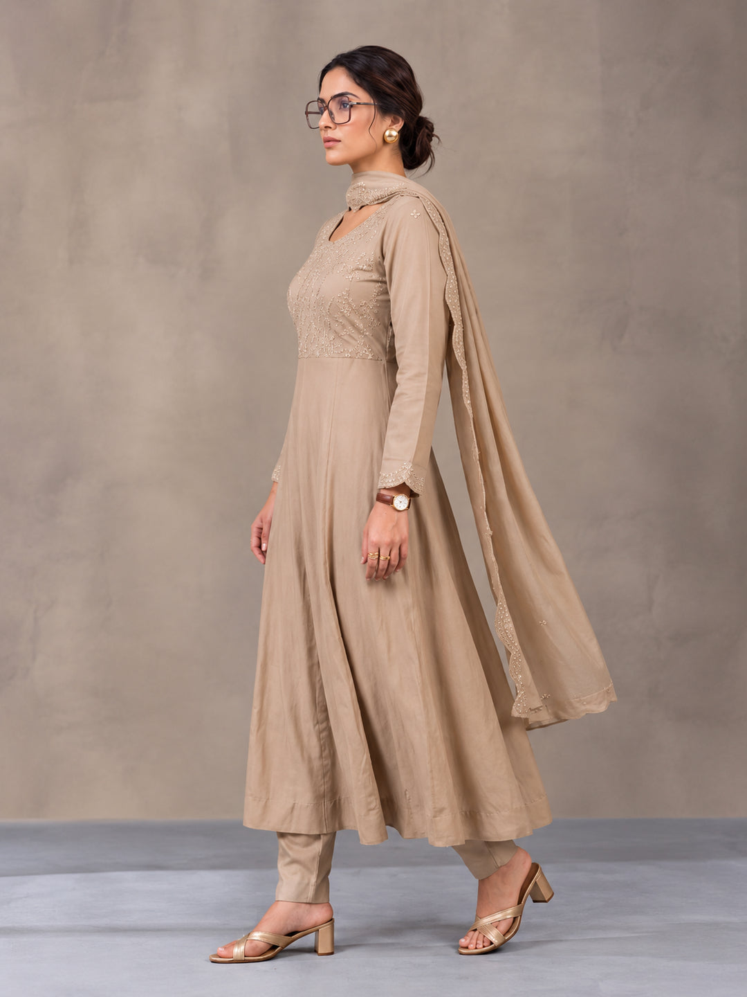 Women's Beige Embroidered Kurta Set with Dupatta | Festive Ethnic Straight Suit