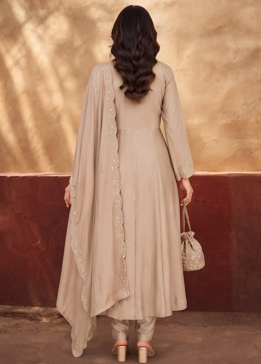 Women's Beige Embroidered Kurta Set with Dupatta | Festive Ethnic Straight Suit