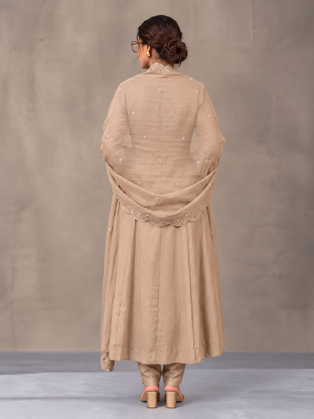 Women's Beige Embroidered Kurta Set with Dupatta | Festive Ethnic Straight Suit