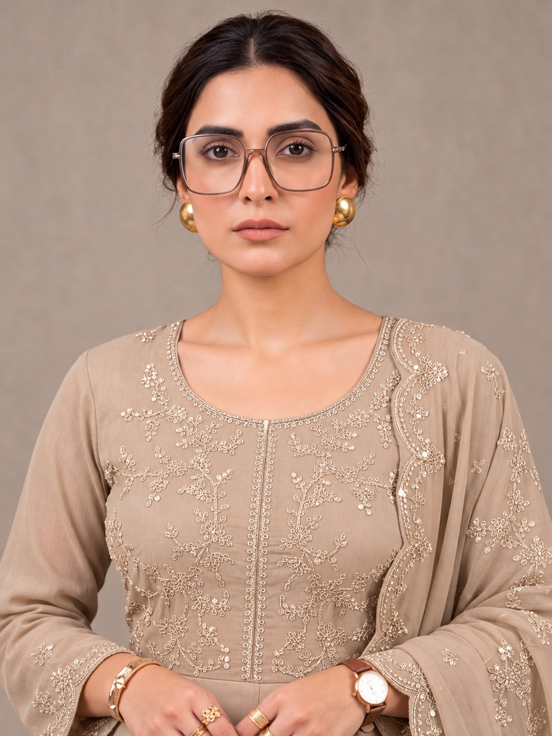 Women's Beige Embroidered Kurta Set with Dupatta | Festive Ethnic Straight Suit