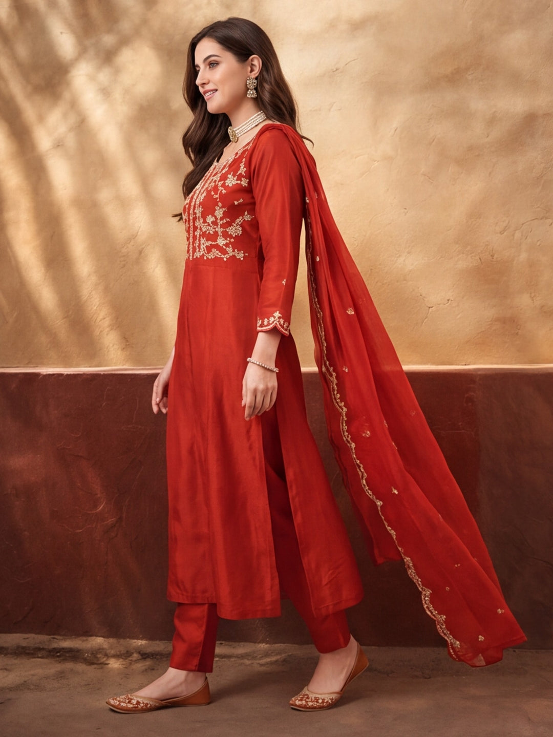 Women's Orange Embroidered Kurta Set with Dupatta | Festive Ethnic Straight Suit