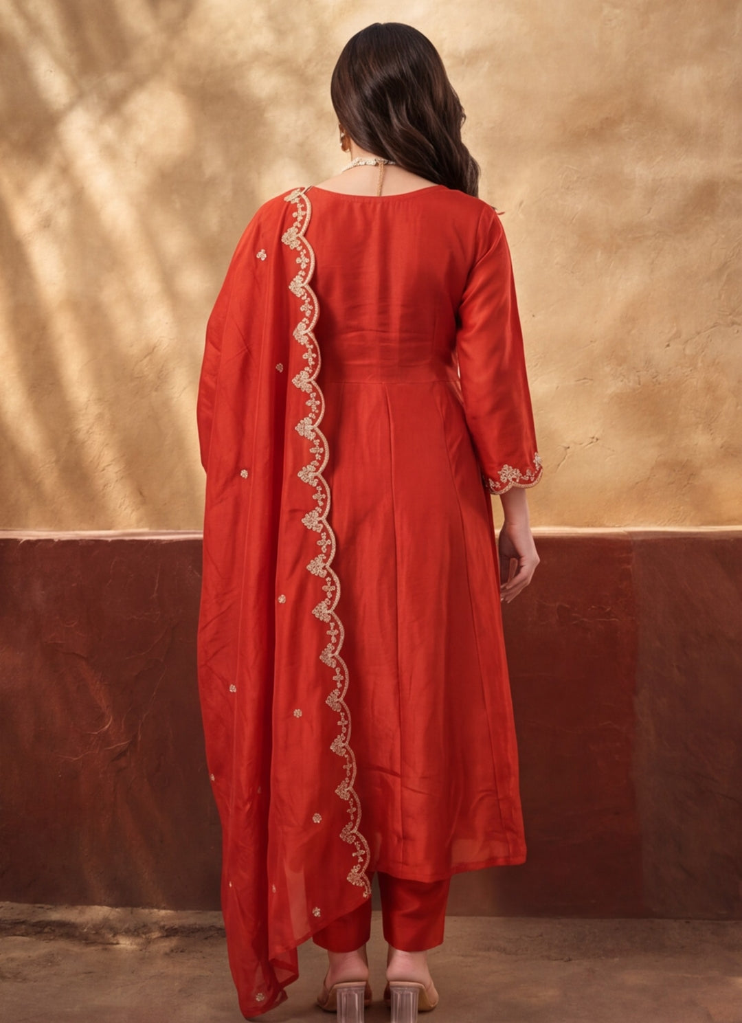 Women's Orange Embroidered Kurta Set with Dupatta | Festive Ethnic Straight Suit