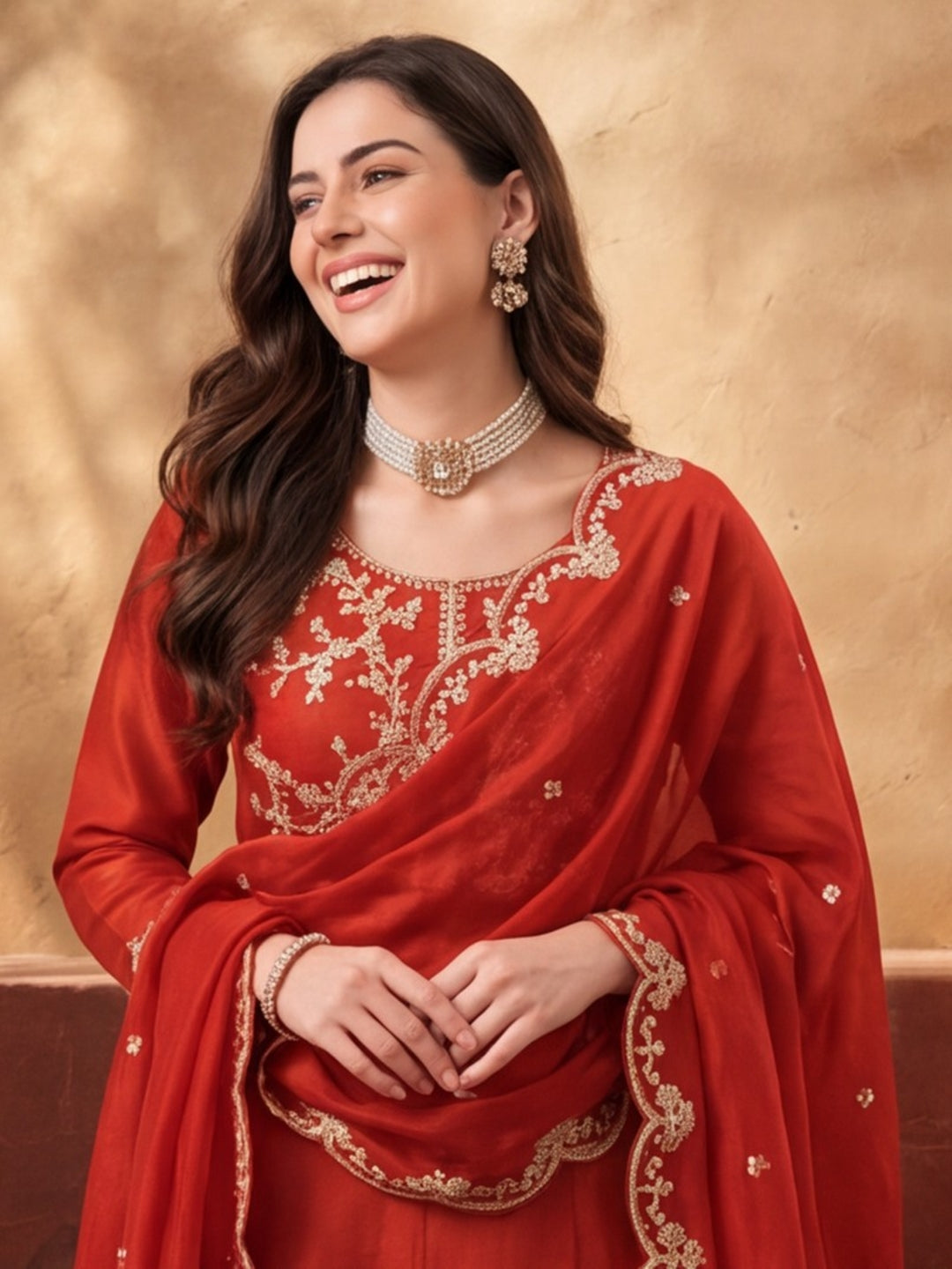 Women's Orange Embroidered Kurta Set with Dupatta | Festive Ethnic Straight Suit