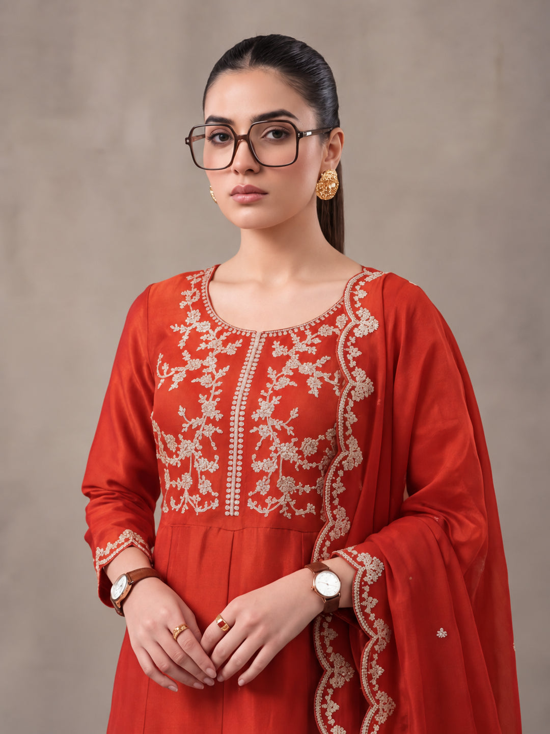 Women's Orange Embroidered Kurta Set with Dupatta | Festive Ethnic Straight Suit