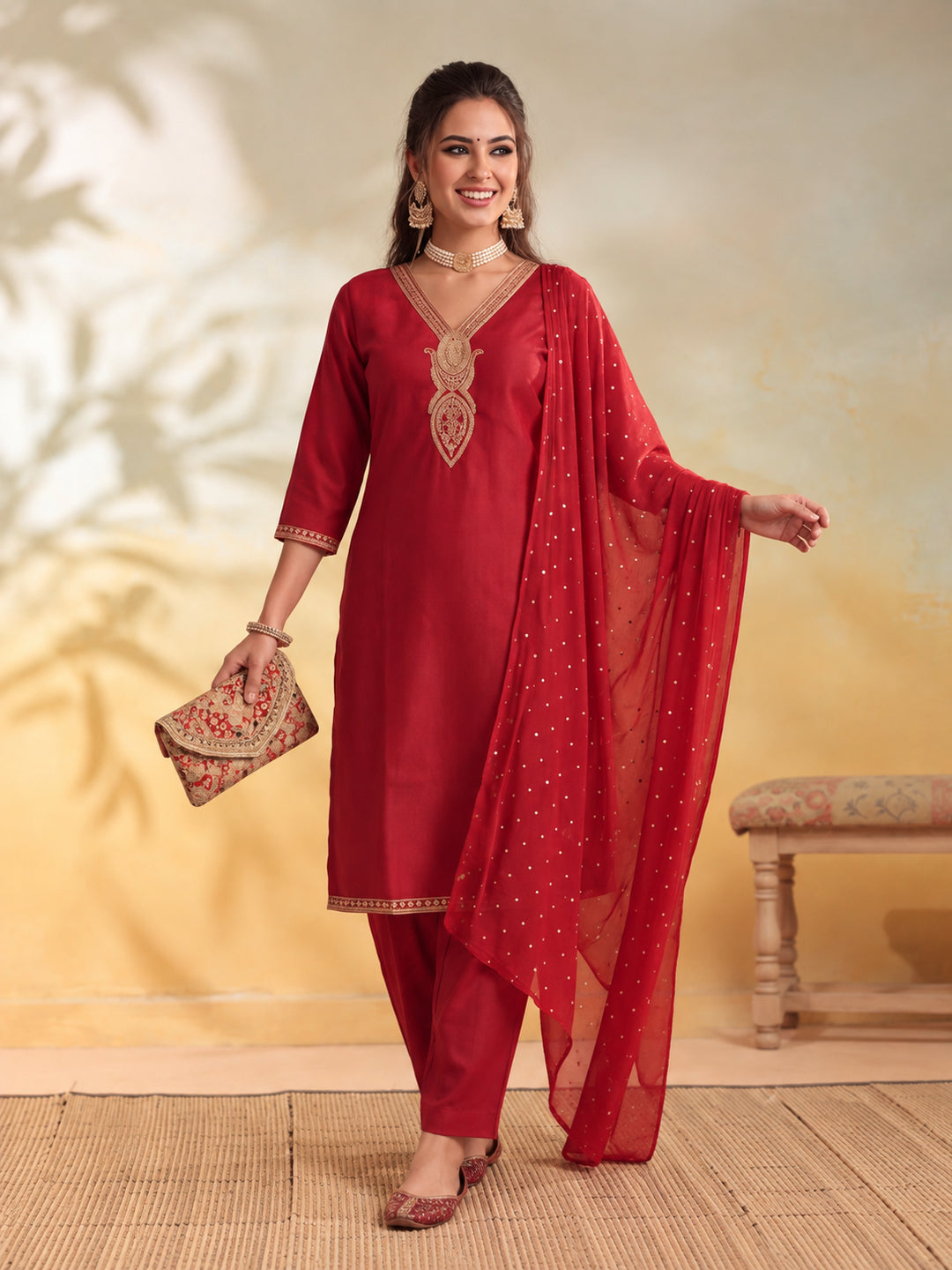 Women Embroidery Red Kurta Set with Dupatta