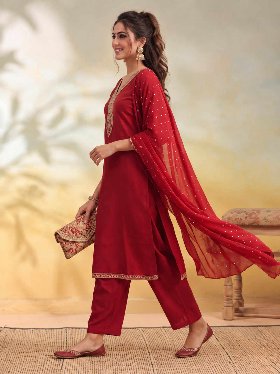 Women Embroidery Red Kurta Set with Dupatta