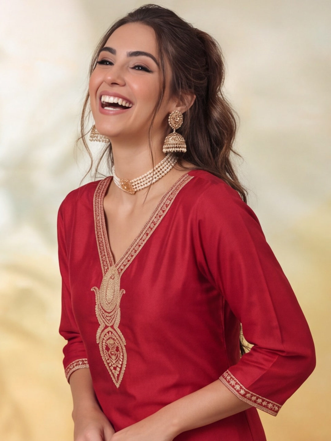 Women Embroidery Red Kurta Set with Dupatta