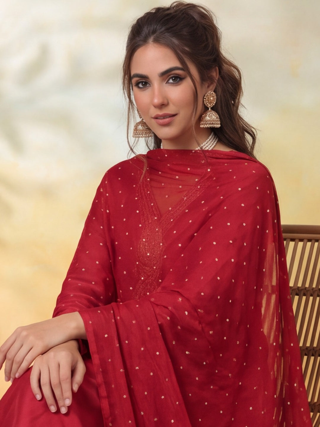 Women Embroidery Red Kurta Set with Dupatta