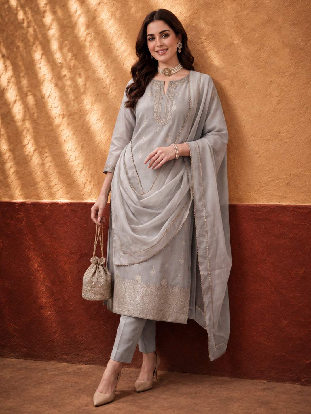 Women's Grey Woven Zari Kurta Set with Dupatta | Festive Ethnic Straight Suit