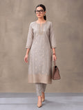 Women's Grey Woven Zari Kurta Set with Dupatta | Festive Ethnic Straight Suit