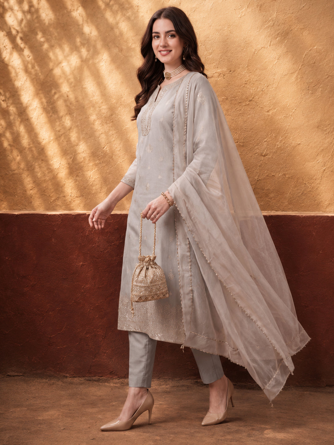 Women's Grey Woven Zari Kurta Set with Dupatta | Festive Ethnic Straight Suit
