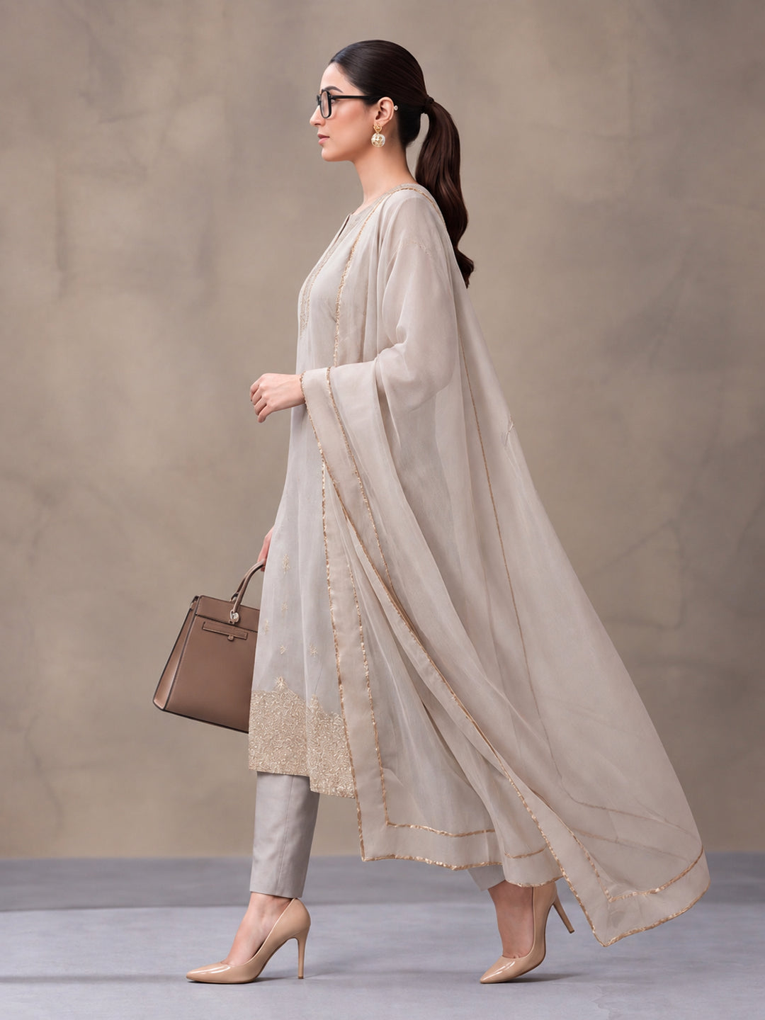 Women's Grey Woven Zari Kurta Set with Dupatta | Festive Ethnic Straight Suit