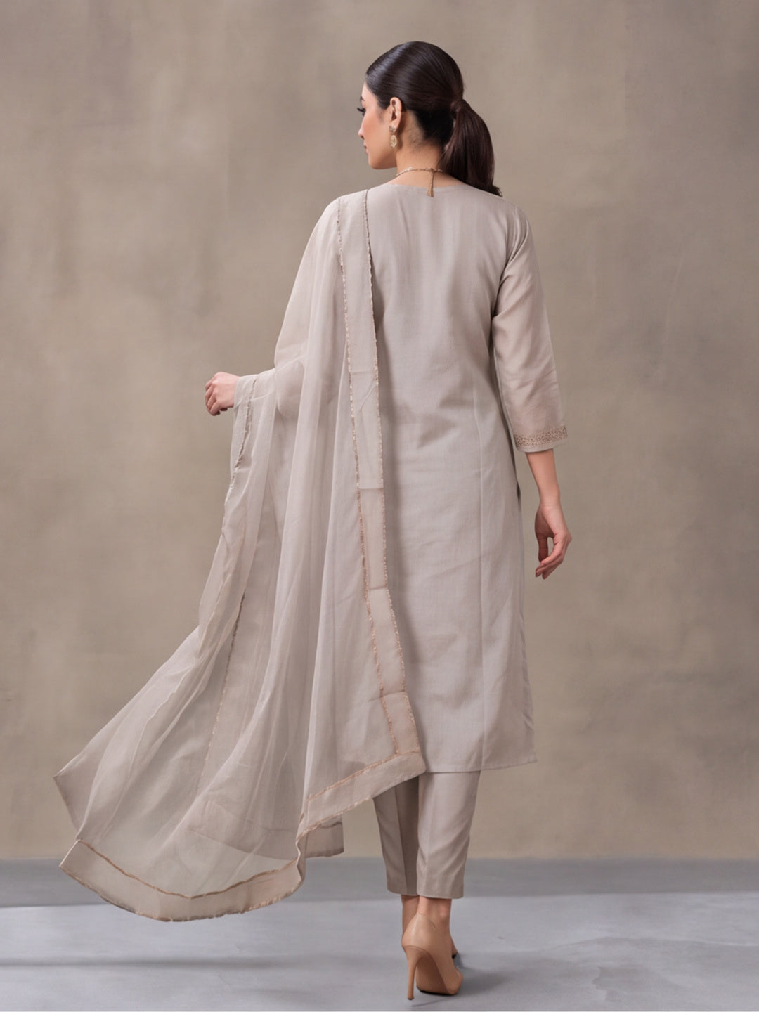 Women's Grey Woven Zari Kurta Set with Dupatta | Festive Ethnic Straight Suit
