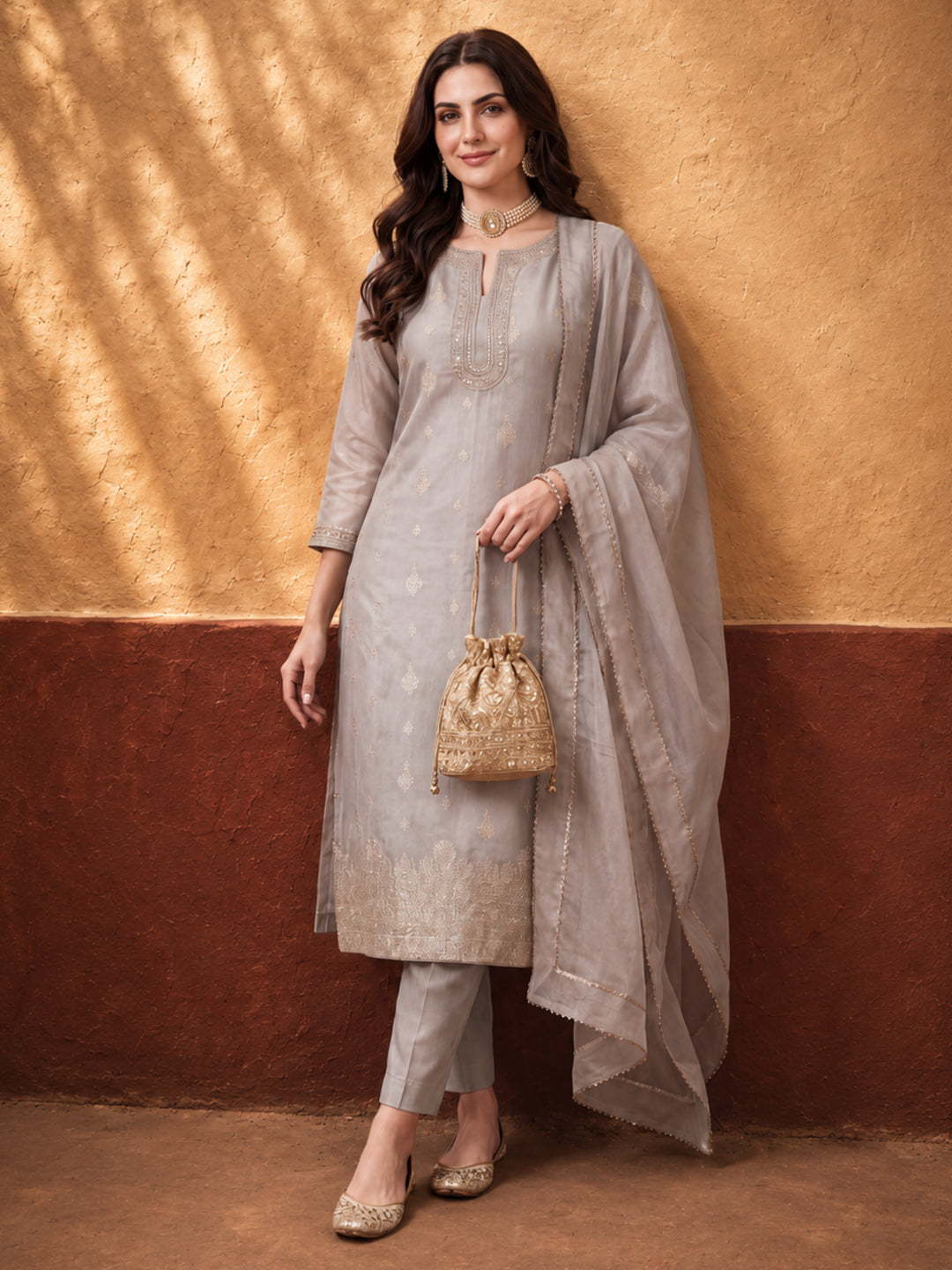 Women's Grey Woven Zari Kurta Set with Dupatta | Festive Ethnic Straight Suit