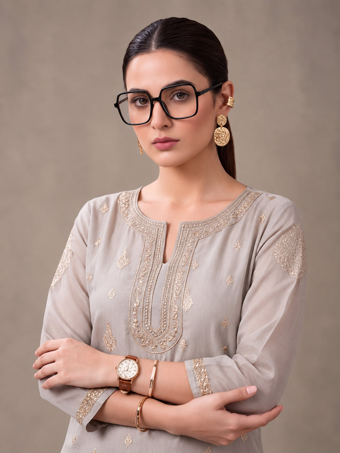 Women's Grey Woven Zari Kurta Set with Dupatta | Festive Ethnic Straight Suit