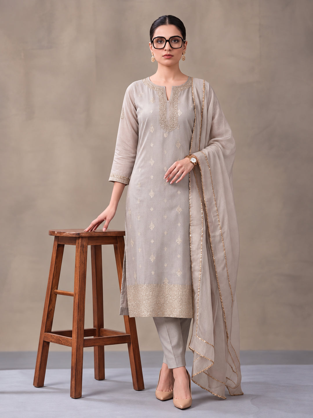 Women's Grey Woven Zari Kurta Set with Dupatta | Festive Ethnic Straight Suit