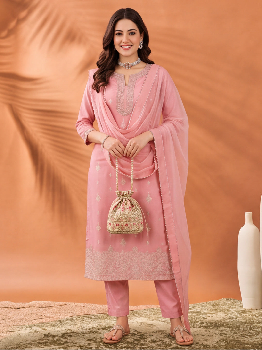 Women's Peach Woven Zari Kurta Set with Dupatta | Festive Ethnic Straight Suit