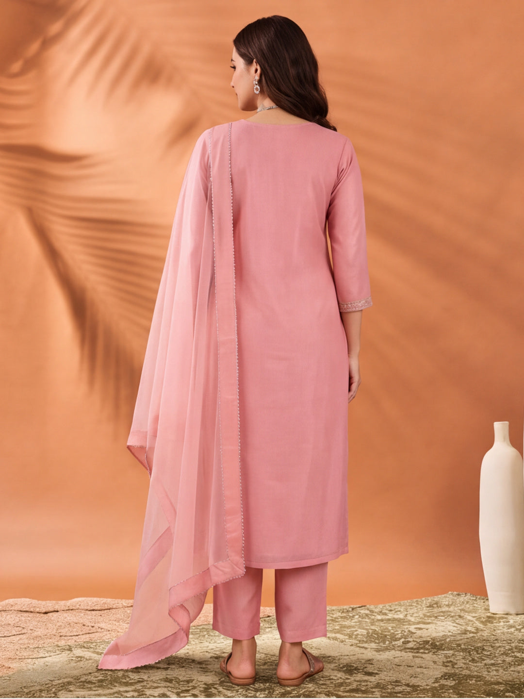 Women's Peach Woven Zari Kurta Set with Dupatta | Festive Ethnic Straight Suit