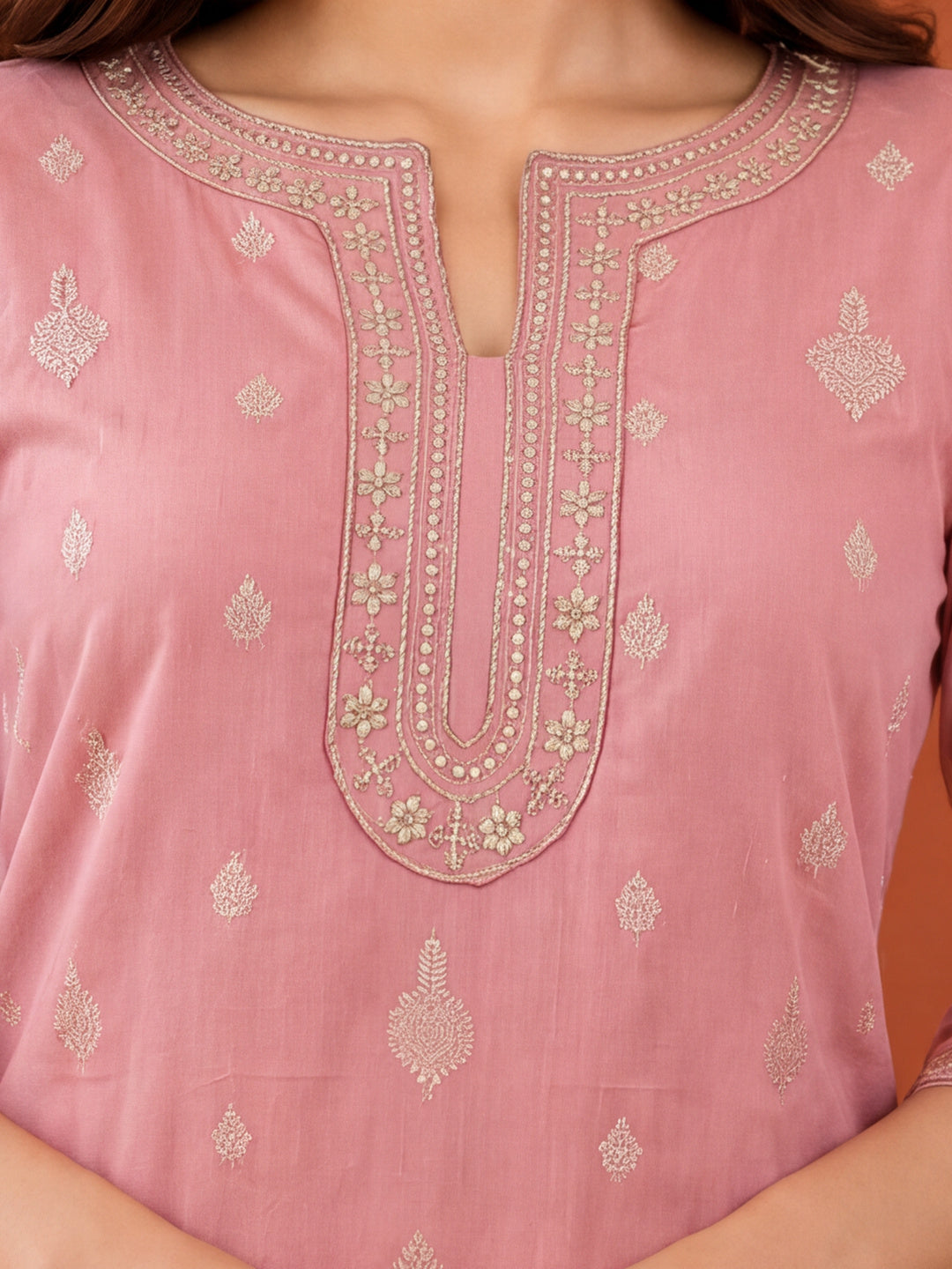 Women's Peach Woven Zari Kurta Set with Dupatta | Festive Ethnic Straight Suit