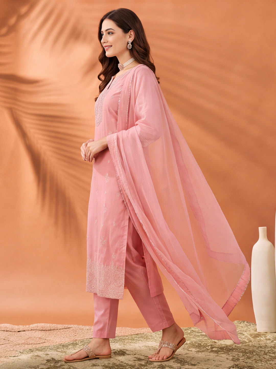 Women's Peach Woven Zari Kurta Set with Dupatta | Festive Ethnic Straight Suit