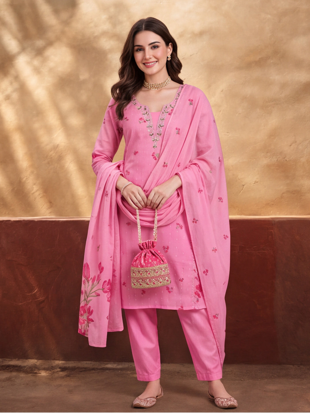 Women's Pink Floral Printed Kurta Set with Dupatta | Embroidered Neck Ethnic Suit