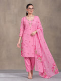 Women's Pink Floral Printed Kurta Set with Dupatta | Embroidered Neck Ethnic Suit