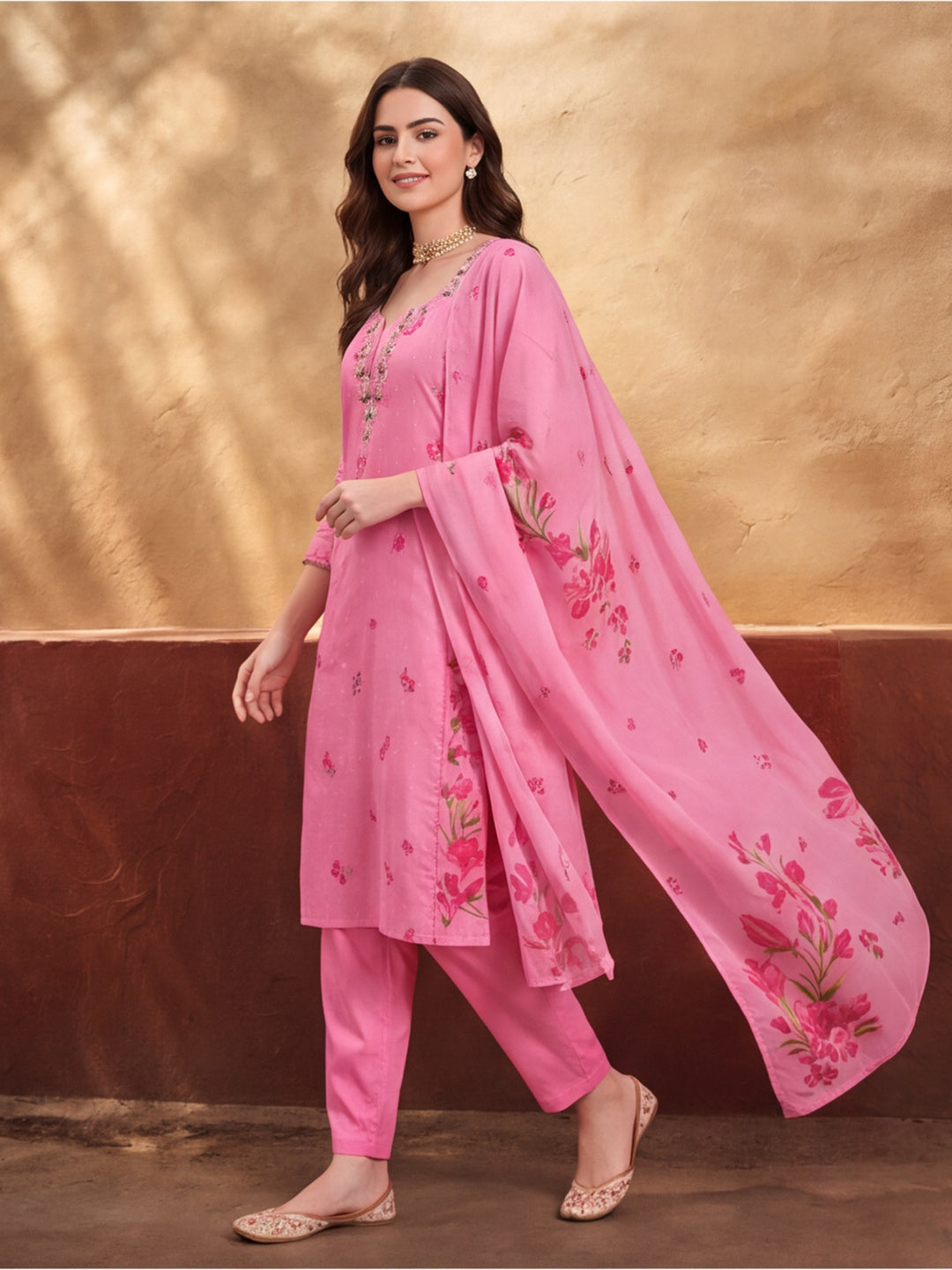 Women's Pink Floral Printed Kurta Set with Dupatta | Embroidered Neck Ethnic Suit