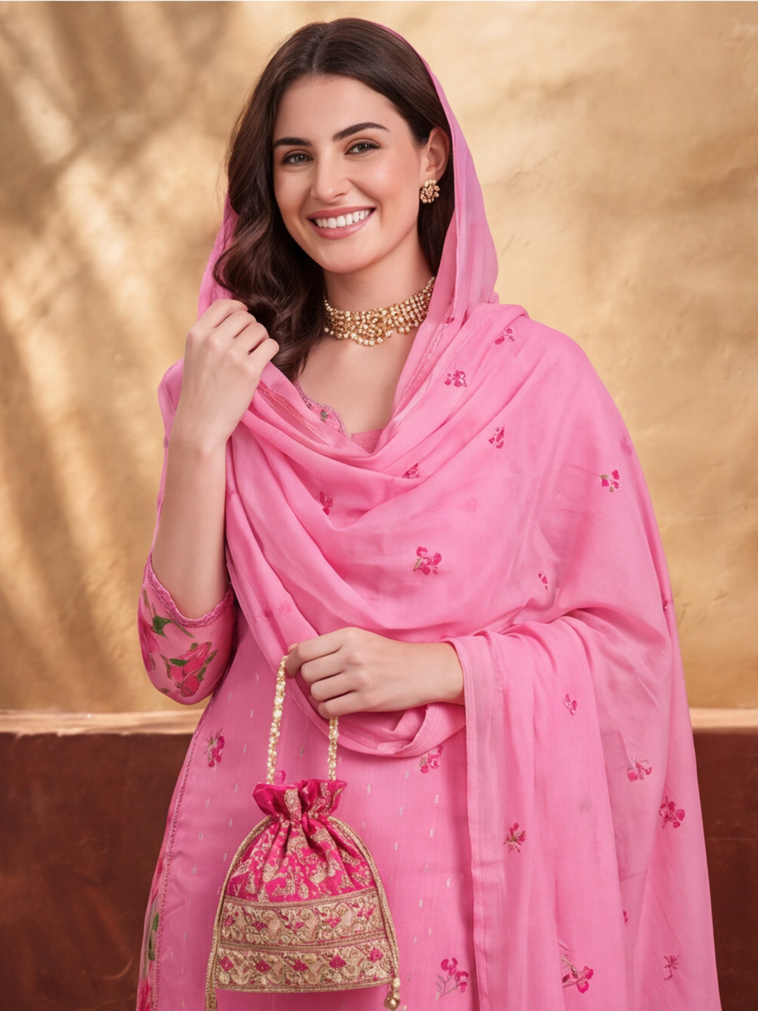 Women's Pink Floral Printed Kurta Set with Dupatta | Embroidered Neck Ethnic Suit