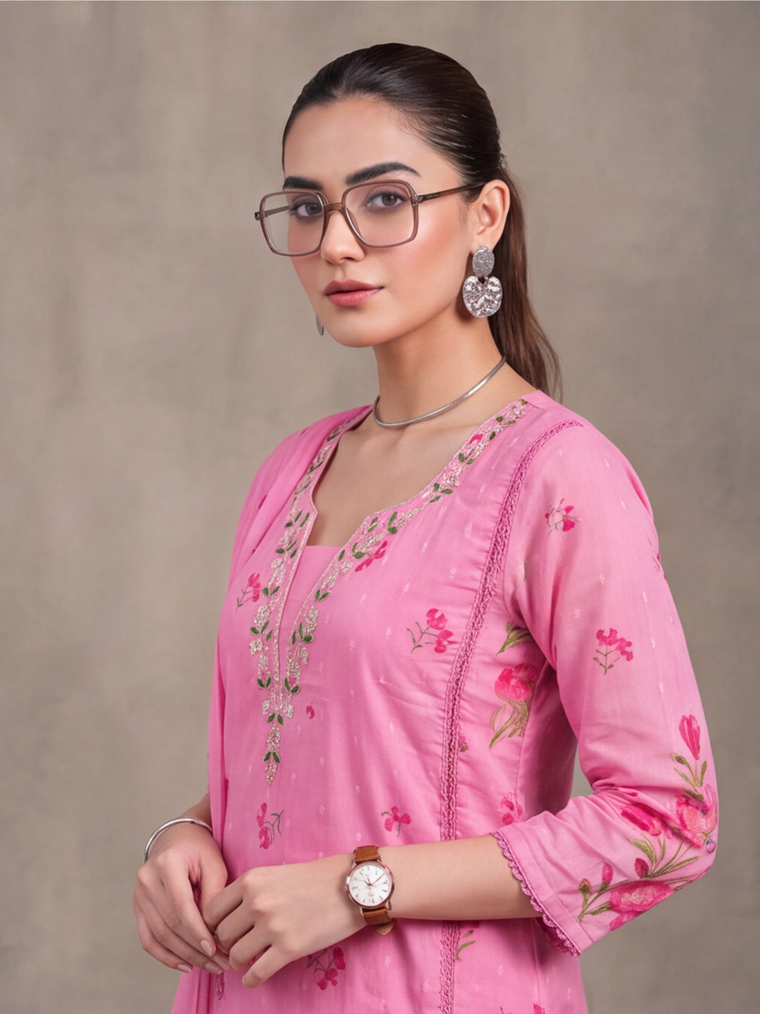 Women's Pink Floral Printed Kurta Set with Dupatta | Embroidered Neck Ethnic Suit