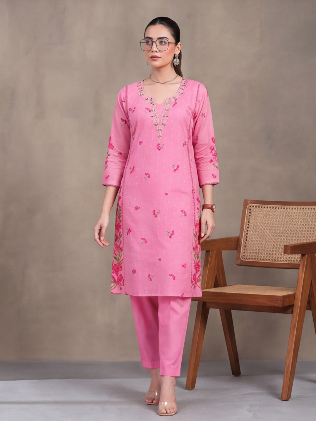 Women's Pink Floral Printed Kurta Set with Dupatta | Embroidered Neck Ethnic Suit