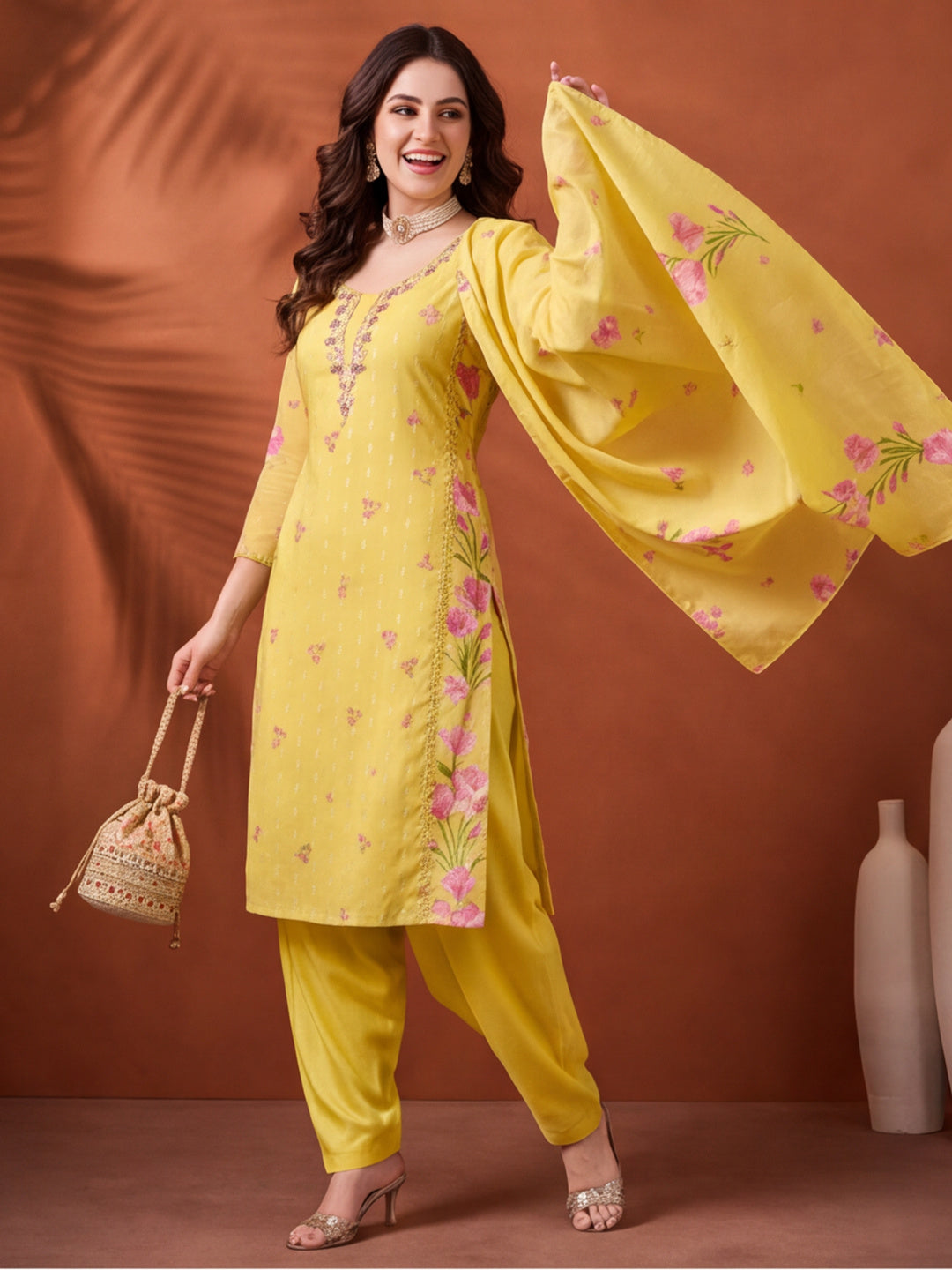 Women's Lemon Yellow Floral Printed Kurta Set with Dupatta | Embroidered Neck Ethnic Suit
