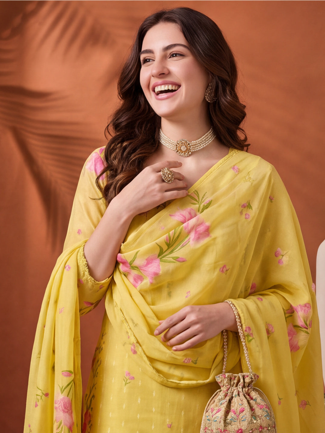 Women's Lemon Yellow Floral Printed Kurta Set with Dupatta | Embroidered Neck Ethnic Suit