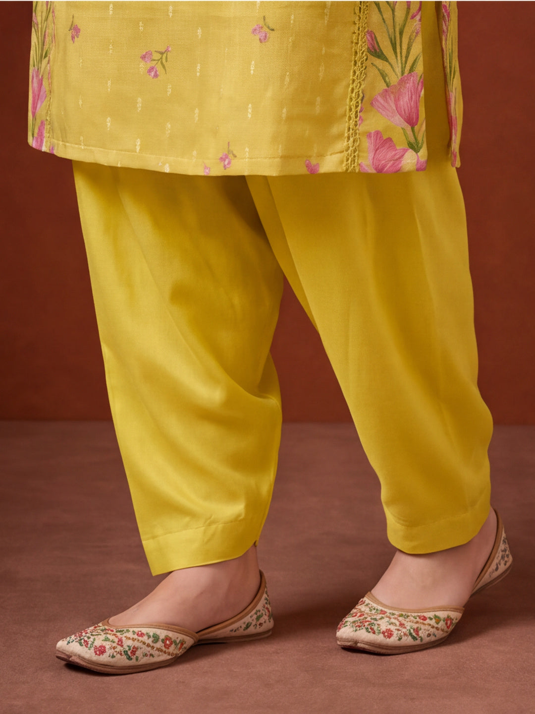 Women's Lemon Yellow Floral Printed Kurta Set with Dupatta | Embroidered Neck Ethnic Suit