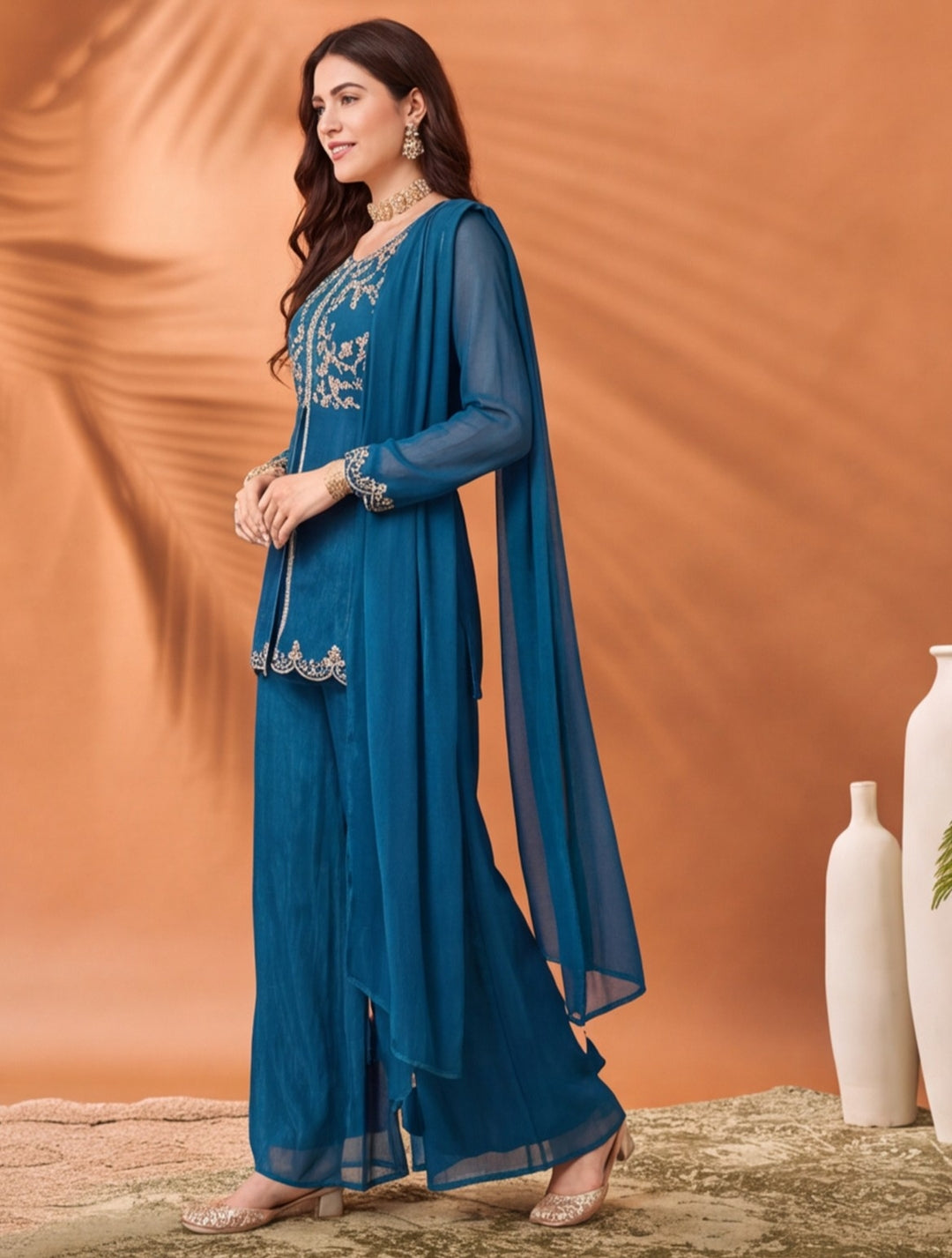Women's Blue Embroidered Kurta Palazzo Set with Dupatta | Festive Ethnic Co-ord Suit