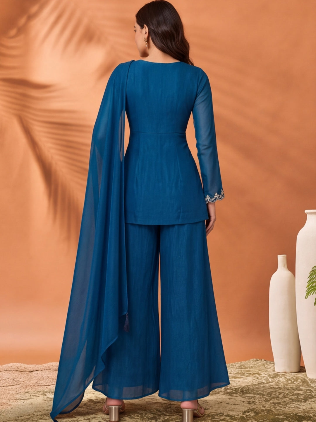 Women's Blue Embroidered Kurta Palazzo Set with Dupatta | Festive Ethnic Co-ord Suit