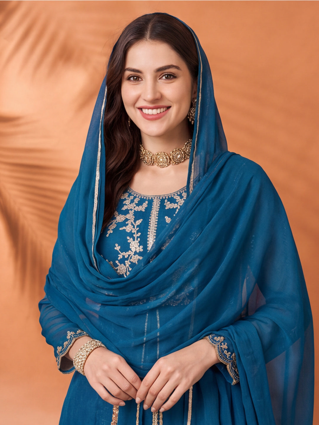 Women's Blue Embroidered Kurta Palazzo Set with Dupatta | Festive Ethnic Co-ord Suit