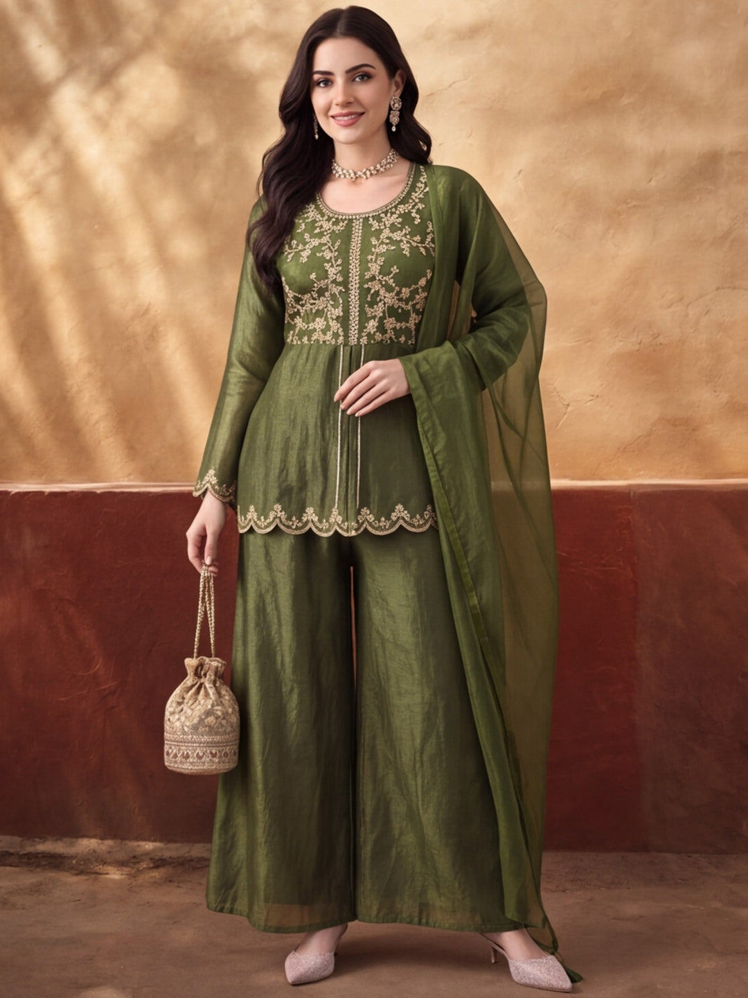 Women's Olive Green Embroidered Kurta Palazzo Set with Dupatta | Festive Ethnic Co-ord Suit