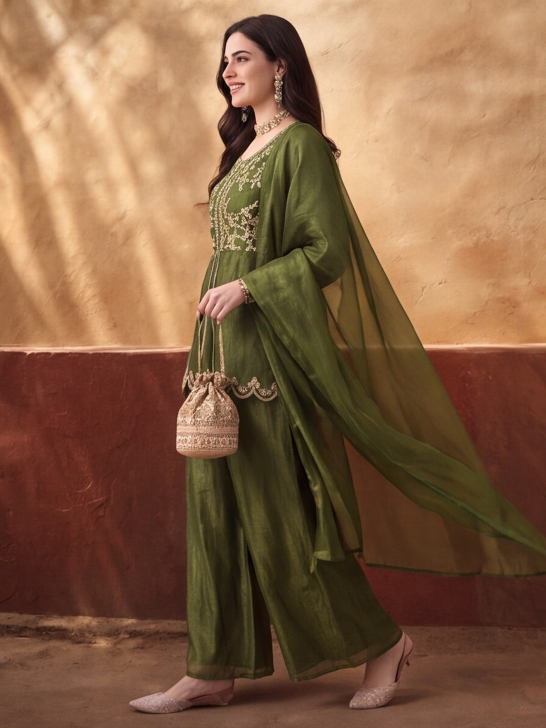 Women's Olive Green Embroidered Kurta Palazzo Set with Dupatta | Festive Ethnic Co-ord Suit