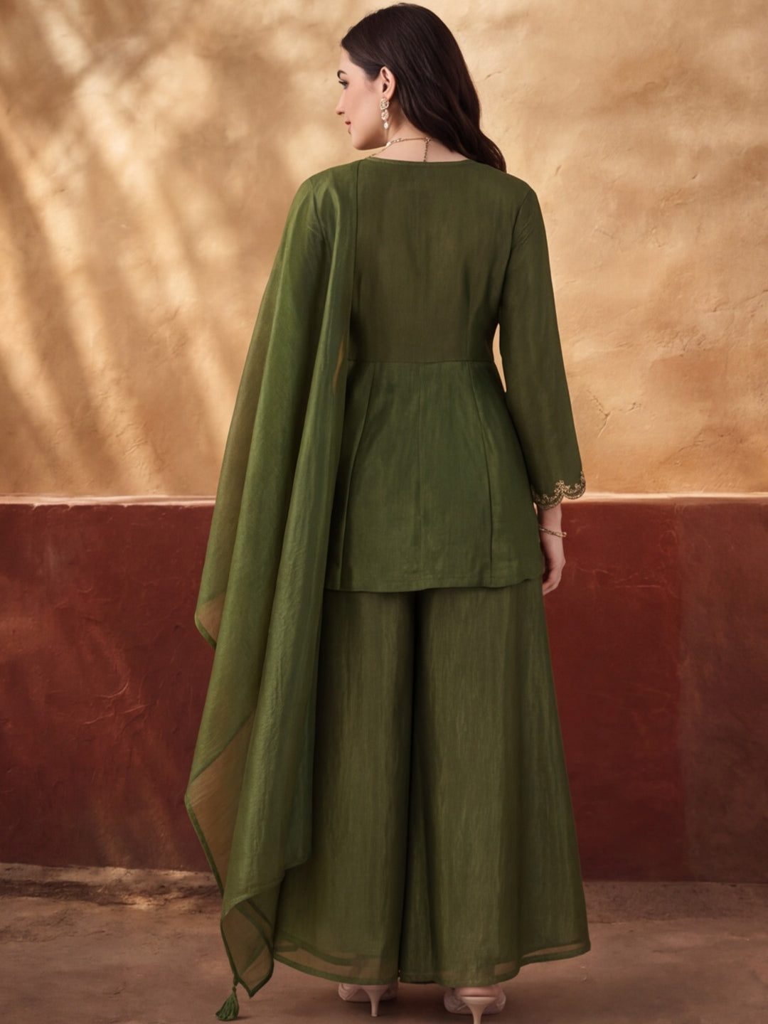 Women's Olive Green Embroidered Kurta Palazzo Set with Dupatta | Festive Ethnic Co-ord Suit