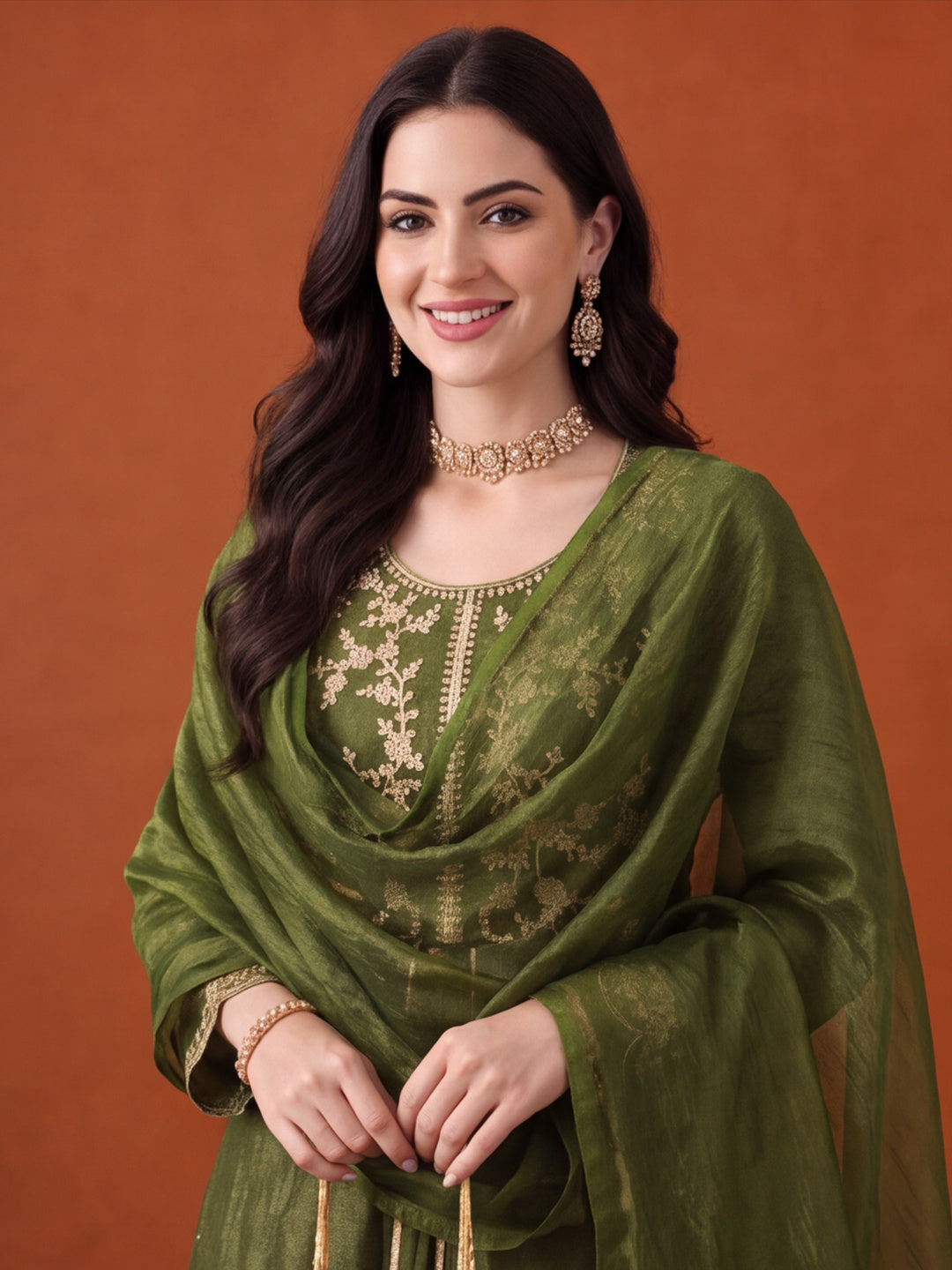 Women's Olive Green Embroidered Kurta Palazzo Set with Dupatta | Festive Ethnic Co-ord Suit